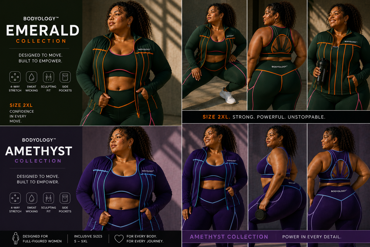 Collage of a woman modeling athletic wear with text about the Bodyology Emerald and Amethyst collections.