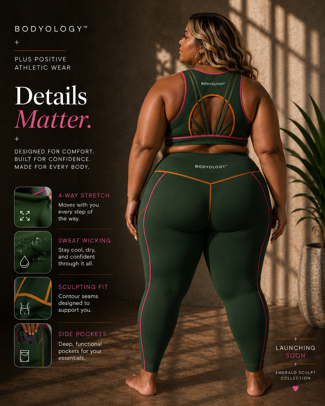 Woman wearing green athletic wear with promotional text about BODYOLOGY plus positive athletic wear.